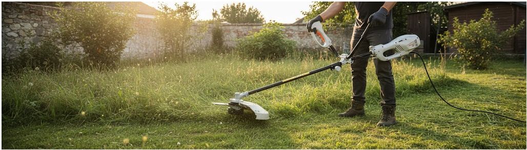 Using the Nakayama Pro EB1012 1400W electric brush cutter to clear overgrown weeds in a garden.
